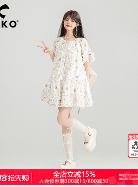 KEIKO 卡通小碎花白色连衣裙夏季立体感褶皱荷叶边圆领A字娃娃裙