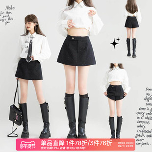 KEIKO [bling彩钻饰] 黑色显瘦阔腿短裤裙裤26春夏通勤挺廓半身裙
