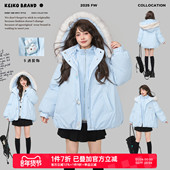 大毛领假两件连帽棉服外套冬季 KEIKO 防风御寒 蓝色加厚花苞棉袄