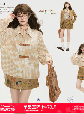 KEIKO 巴恩风格子长袖衬衫女2026春季通勤复古灯笼袖宽松纯棉上衣