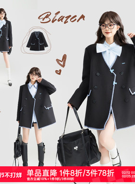 KEIKO 法式文艺感黑色无领西装外套26春季高级感贝壳绣廓型小西服