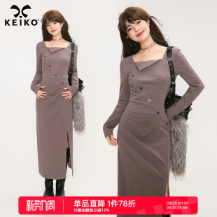 气质通勤修身 方领连衣裙2026春季 显瘦开叉包臀长裙 轻熟法式 KEIKO
