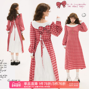 KEIKO 复古文艺红色格子长袖连衣裙25秋季千金感后开叉拼色长裙子