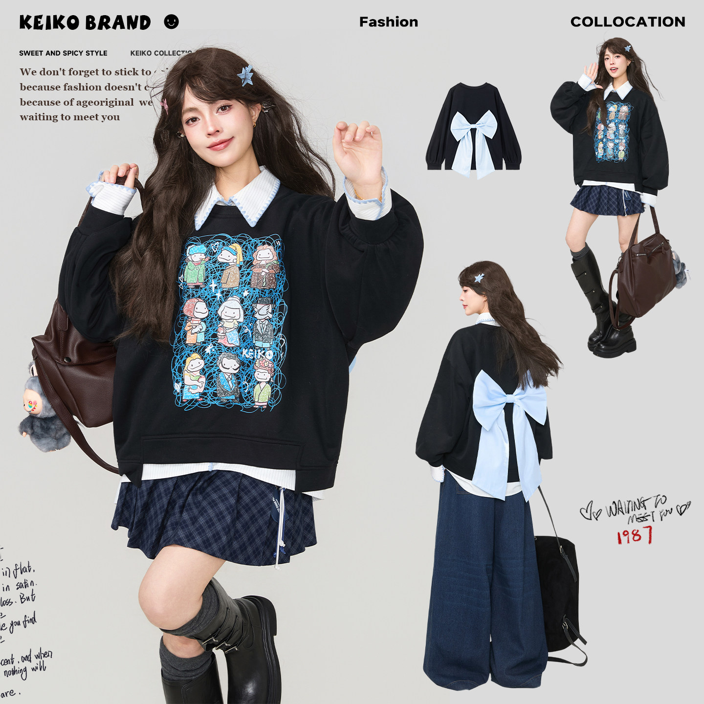 KEIKO加绒宽松蝴蝶结扎花卫衣