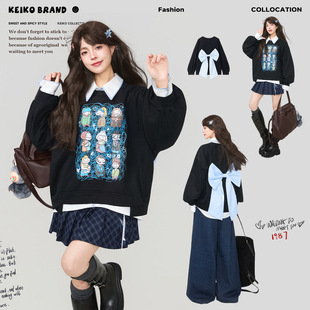 KEIKO 少女风蝴蝶结扎花黑色加绒卫衣女秋冬涂鸦印花宽松圆领上衣