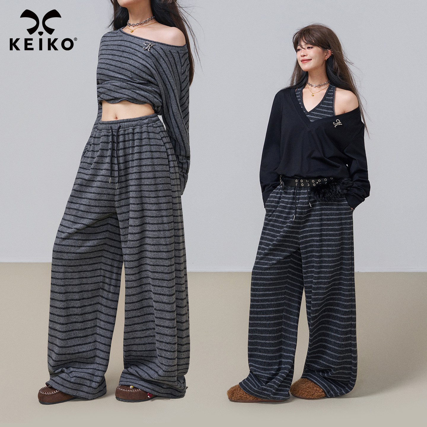 KEIKO 垂坠感条纹针织休闲裤女25秋冬复古慵懒高腰阔腿休闲糯米裤