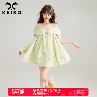 KEIKO 气质蝴蝶结一字肩吊带短裙温柔穿搭一整套宽松上衣半裙套装