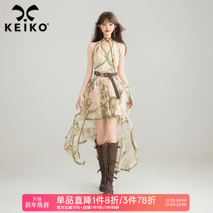 KEIKO 复古碎花挂脖连衣裙25夏日波嬉系绝美不规则拖尾长裙子 法式