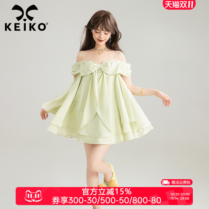 KEIKO气质蝴蝶结一字肩吊带短裙
