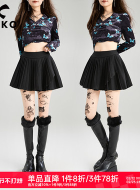 KEIKO 黑色不规则细褶百褶半身裙2026春夏高腰显瘦蓬蓬A字jk短裙
