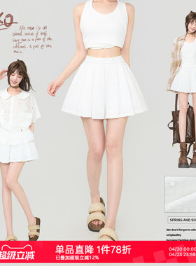 KEIKO 芭蕾风镂空刺绣短裙夏季白色百褶裙夏季辣妹防走光短裤裙裤