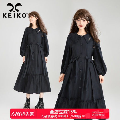 凯莉欧娃娃领蝴蝶结系带显瘦长裙