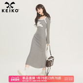 KEIKO 兔子绣花灰色针织连衣裙早春辣妹显瘦鱼尾长裙打底毛衣裙