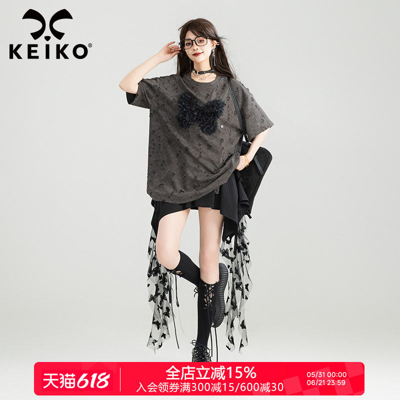 KEIKO 蝴蝶花破洞短袖t恤女夏季废土风复古宽松显瘦圆领半袖上衣