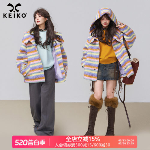 KEIKO 多巴胺彩虹条纹短款连帽毛呢大衣25冬季高级感圈圈呢子外套