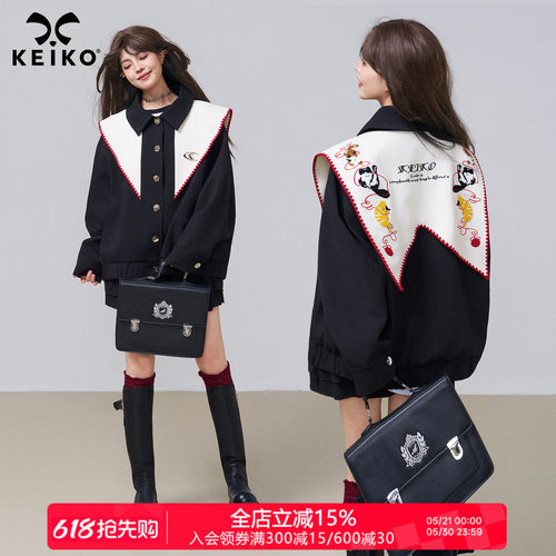 KEIKO美式刺绣披肩领黑色短外套