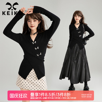 凯莉欧蝴蝶扣饰V领针织衫毛衣