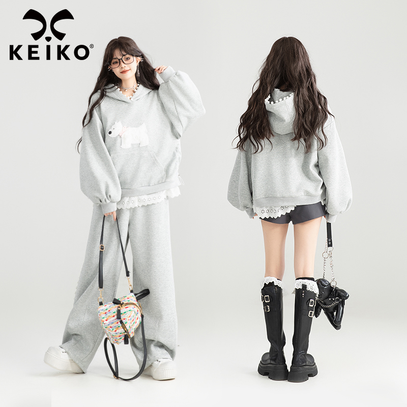 KEIKO减龄小狗绣花灰色卫衣外套
