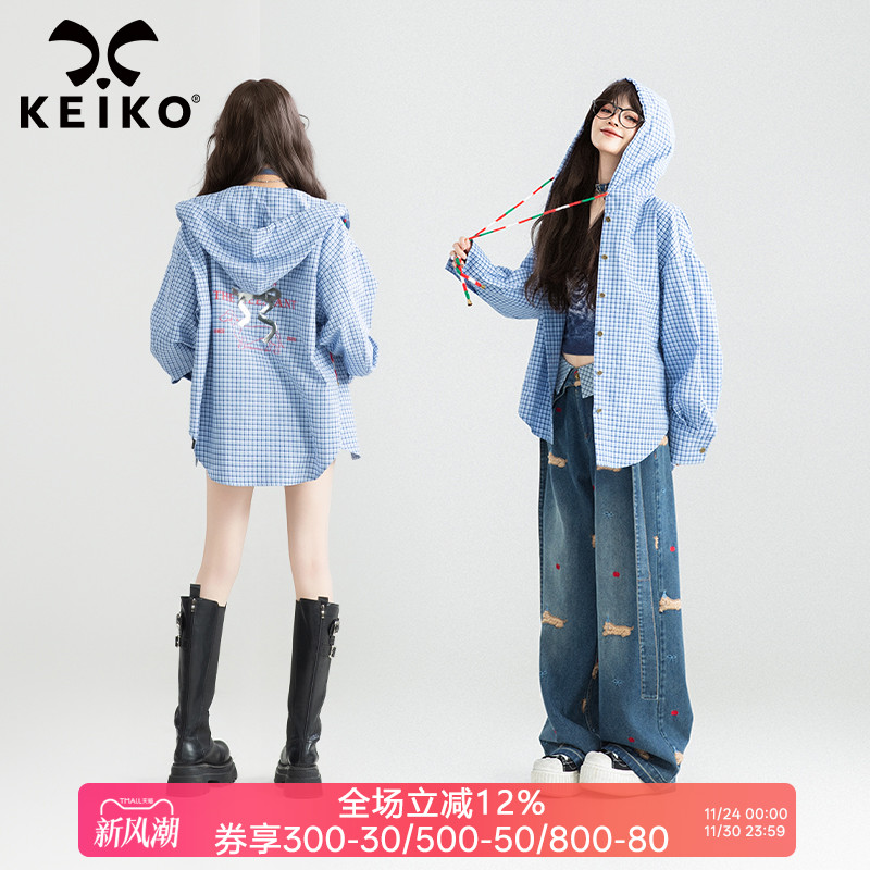 KEIKO 美式复古蓝格子连帽衬衫女25秋季设计感印花薄款开衫外套