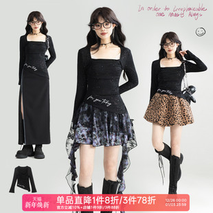 长袖 KEIKO 内搭外穿不规则修身 黑色方领上衣女25秋季 T恤 性感法式