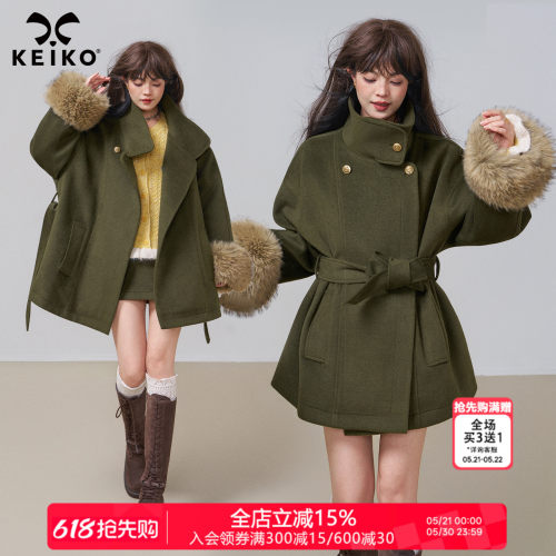 KEIKO高级感橄榄绿廓形毛呢外套