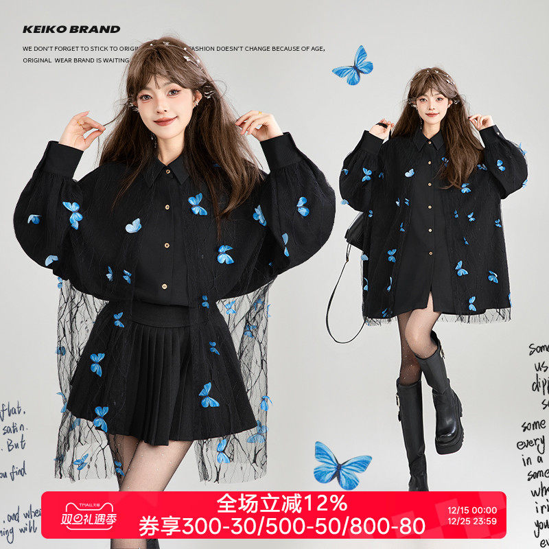 KEIKO [徐风蝶舞]立体花黑色长袖衬衫秋季轻法风绣花蕾丝拼接上衣