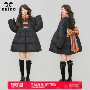 KEIKO提花蝴蝶结饰黑色A字棉服棉袄冬季 设计感小个子显瘦加厚外套