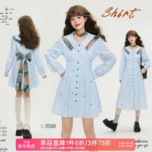 裙 少女风提花蝴蝶结饰收腰衬衫 KEIKO 学院风条纹娃娃领连衣裙秋季