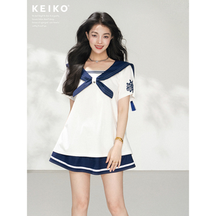 KEIKO 航海风撞色海军领短袖t恤夏季减龄水手服上衣短裙两件套装