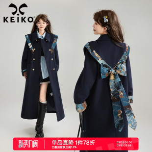 过膝呢子外套 提花云肩毛呢大衣女秋冬复古长款 蝴蝶结girl 新中式