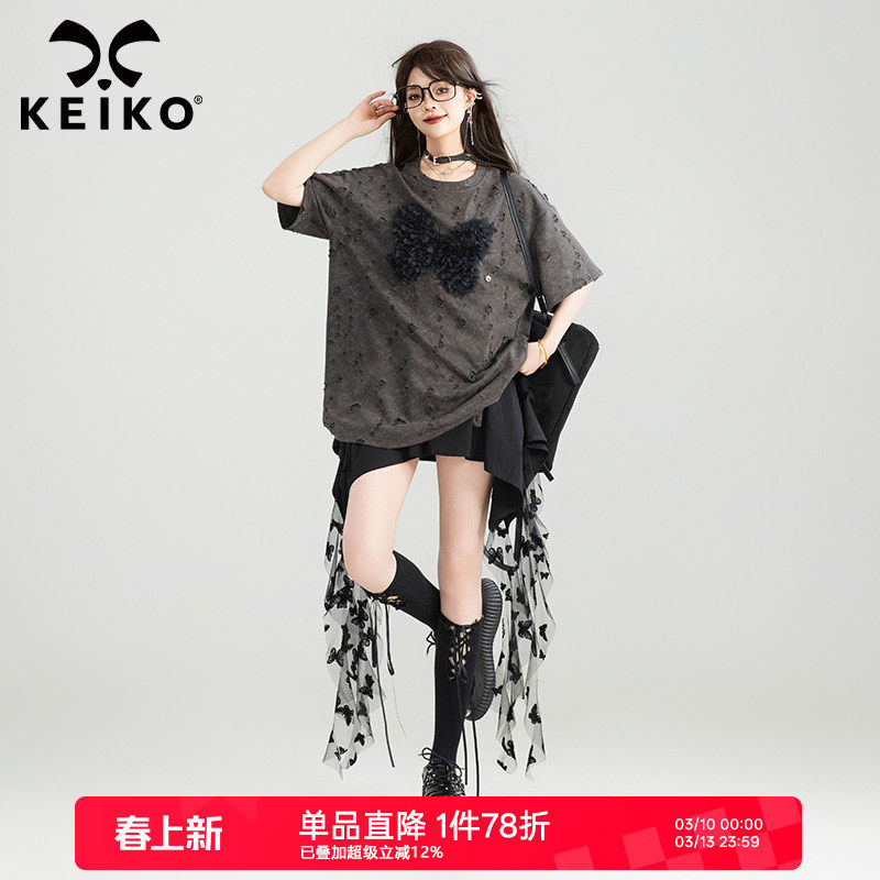 KEIKO 蝴蝶花破洞短袖t恤女夏季废土风复古宽松显瘦圆领半袖上衣