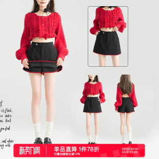 裙裤 高腰显瘦黑色短裤 女26夏季 新款 子 KEIKO 休闲A字型裤 贝壳绣