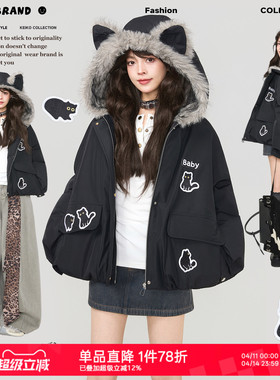 KEIKO [三防面料]环保狐狸毛连帽黑色棉服冬季可爱萌猫绣花厚外套