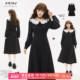 连衣裙春季 KEIKO 韩系ins风刺绣花形领黑色长袖 千金感显瘦连衣裙