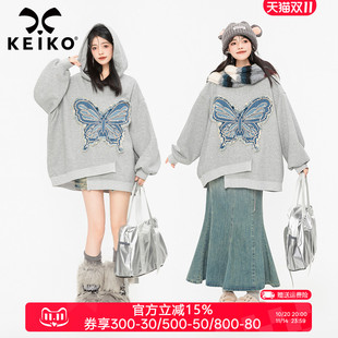 KEIKO 慵懒风oversize连帽外套上衣 刺绣蝴蝶灰色卫衣女2025秋季