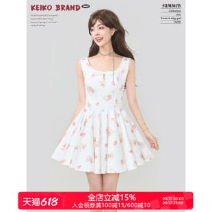 KEIKO 甜妹风可爱印花背心连衣裙夏日约会白色收腰无袖蓬蓬公主裙