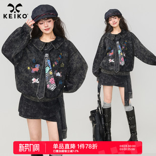 新款 水洗做旧娃娃领卫衣女2026春季 甜酷风涂鸦印花上衣 美式 KEIKO