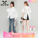 女夏季 KEIKO 衬衫 上衣 刺绣蝴蝶花露背短袖 甜酷小众设计白色泡泡袖