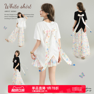 KEIKO 蝴蝶结飘带短袖t恤女26夏季漂亮碎花拼接前短后长宽松上衣