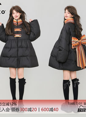 KEIKO提花蝴蝶结饰黑色A字棉服棉袄冬季设计感小个子显瘦加厚外套