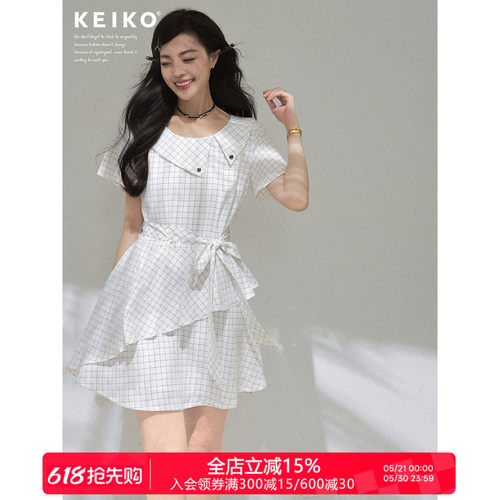 KEIKO智性甜美格子娃娃领连衣裙