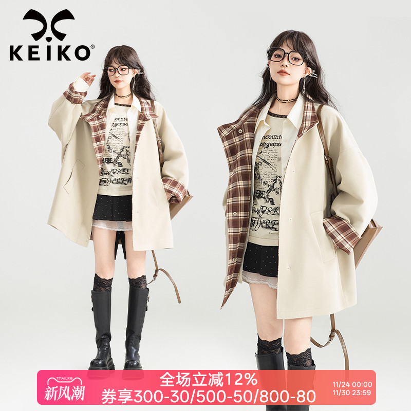 KEIKO复古通勤拼格子廓形风衣