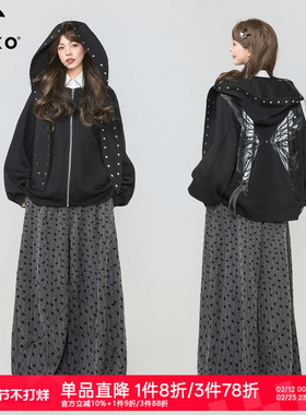 KEIKO [蝴蝶绣]轻亚风黑色连帽拉链外套2026春季轻朋克铆钉饰卫衣