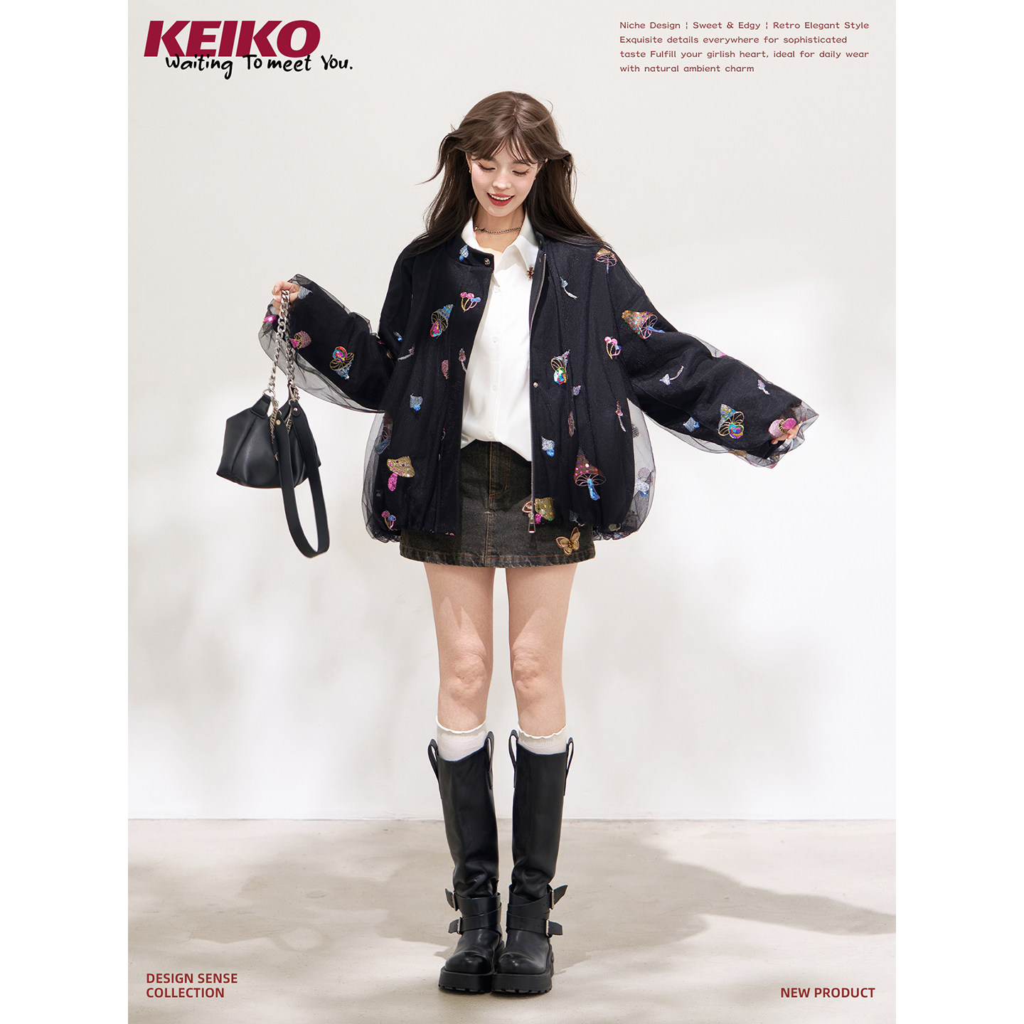 KEIKO珠片刺绣拼纱泡感花苞夹克
