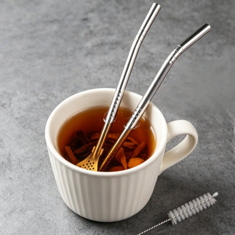 不锈钢吸管勺子一体两用奶茶咖啡搅拌勺茶漏果汁过滤勺不锈钢长柄