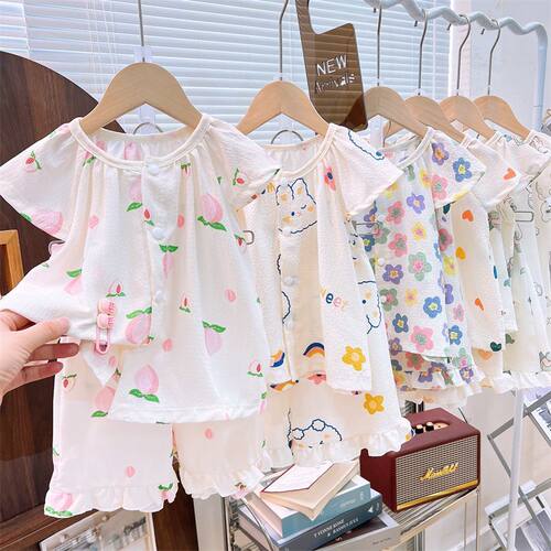 女童夏日新品飞袖短裤套装儿童彩虹兔图案桃色公主泳睡衣裤两件套