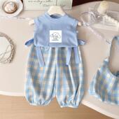 背心女孩运动格子裤 2025夏季 两件套 套装 洋气儿童夏装 新款 女童无袖