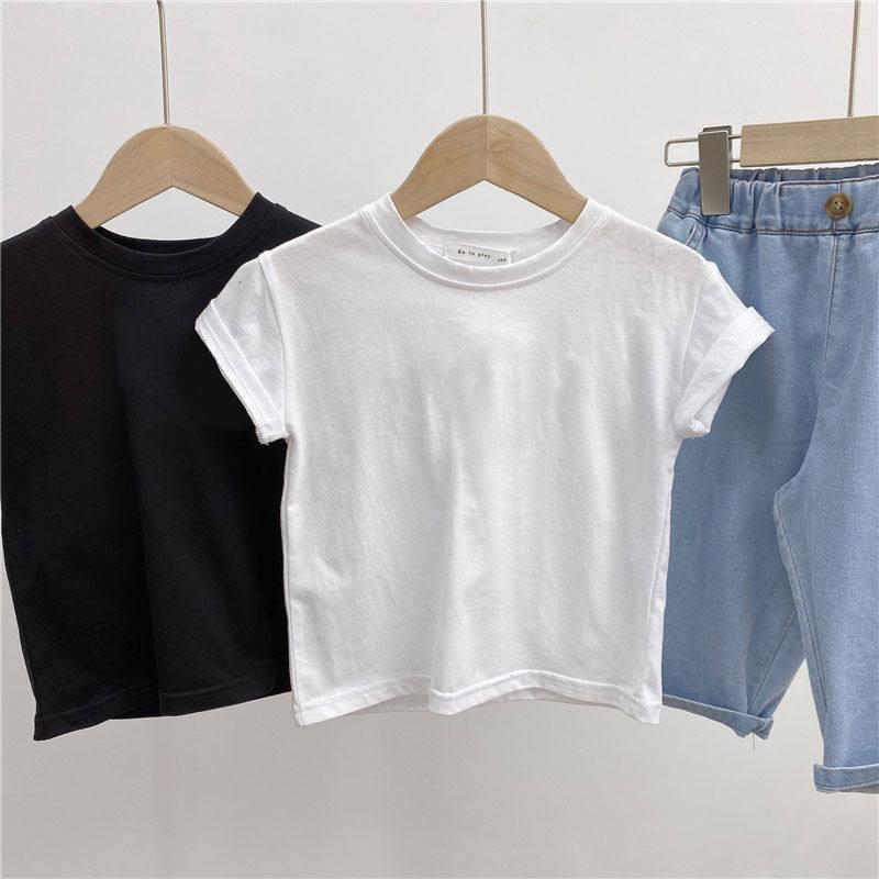 男女童夏季新款纯色短袖中小儿童宝宝圆领黑白色半袖上衣夏装