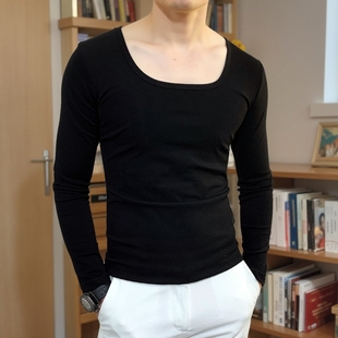 秋冬季长袖打底衫男纯棉T恤大圆领社会小伙低领韩版修身方领上衣