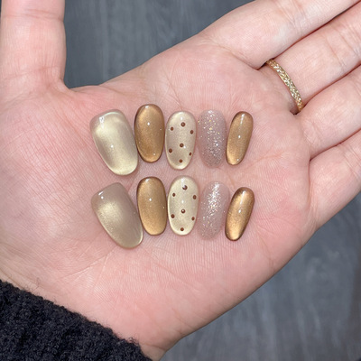 【秋日私语】秋冬棕色显白玻璃珠猫眼美甲穿戴甲短款高级感日常